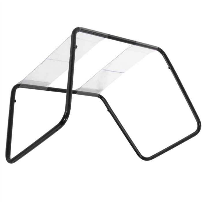 Tabouret de positions sexe seul vu de trois quarts, cadre en acier tubulaire noir robuste et assise souple translucide, accessoire pliable au format compact et leger.