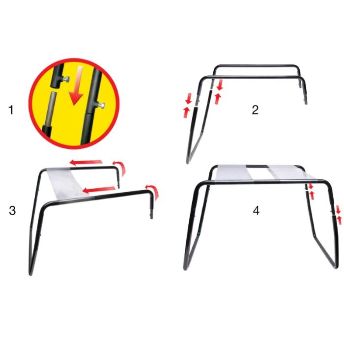 Schema technique en quatre etapes illustrant le pliage et le depliage du tabouret de positions, le cadre en acier se repliant en un geste pour faciliter son rangement.