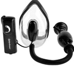 Ventouse transparente en forme de goutte de la pompe vaginale vibrante, bullet vibrant noir intégré, télécommande filaire marche/arrêt et poire de pression noire reliées par tuyau annelé.