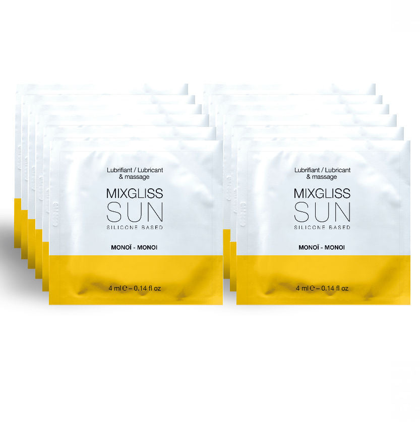 Sachets unidoses blanc et jaune Mixgliss Sun, lubrifiant silicone parfum monoi 4 ml, pack de 12 dosettes etalees, longue tenue fabrique en France, format voyage