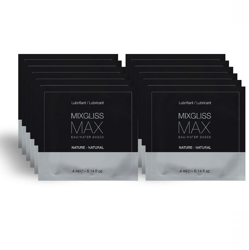 Sachets unidoses noir et argent Mixgliss Max Water Based, lubrifiant anal dilatateur base eau 4 ml, pack de 12 dosettes, formule sans odeur ni gout pour dilatation