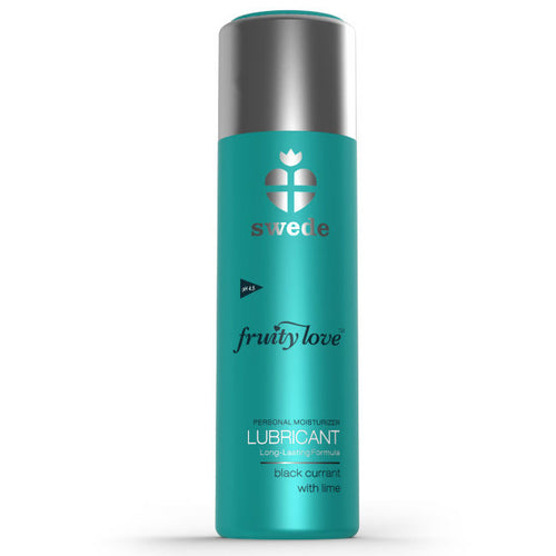 Lubrifiant gourmand Swede Fruity Love cassis lime, bouteille turquoise seule de face, base eau facile a rincer pour jeux bucco-gourmands acidules.