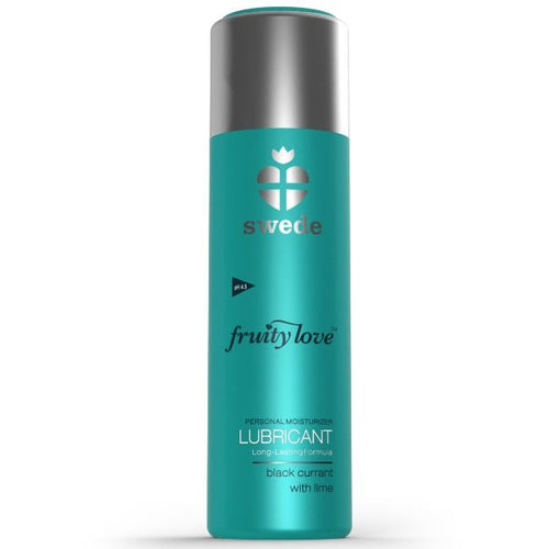 Lubrifiant Swede Fruity Love cassis lime base eau, flacon turquoise vue de face, formule soyeuse compatible preservatifs latex et sextoys silicone.