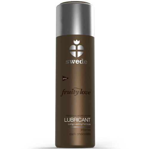 Lubrifiant Swede Fruity Love chocolat base eau, flacon brun vue de face, douceur cacaotee non collante compatible preservatifs latex et silicone.