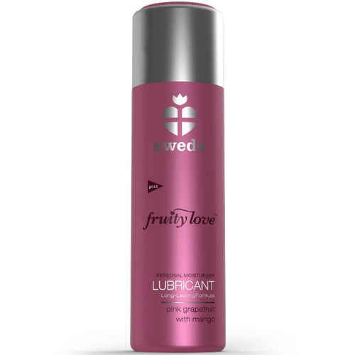 Lubrifiant Swede Fruity Love pamplemousse rose mangue base eau, flacon rose vue de face, glisse soyeuse compatible preservatifs latex et silicone.