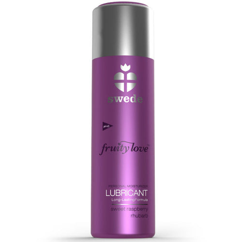 Lubrifiant Swede Fruity Love framboise rhubarbe base eau, flacon violet vue de face, glisse soyeuse non collante compatible preservatifs et silicone.