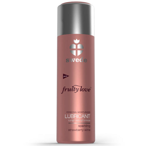 Lubrifiant gourmand Swede vin mousseux fraise base eau, bouteille rose poudre seule de face, note petillante fruitee non collante facile a rincer.