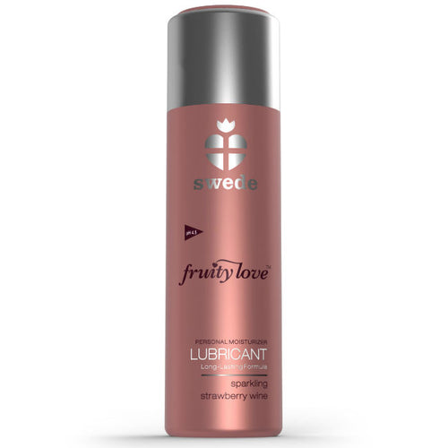 Lubrifiant Swede Fruity Love vin mousseux fraise base eau, flacon rose poudre vue de face, glisse soyeuse petillante compatible preservatifs et silicone.
