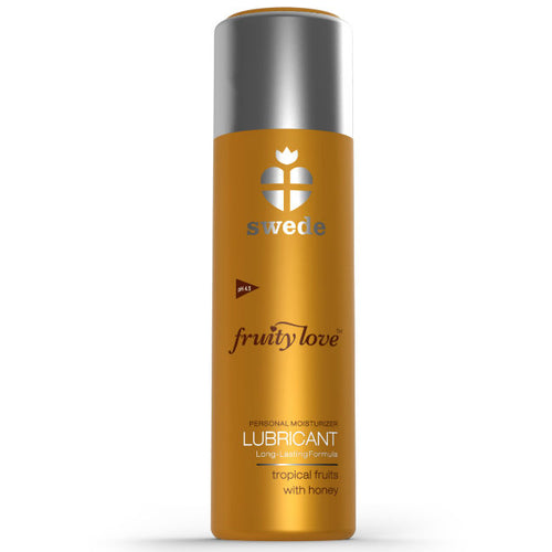 Lubrifiant gourmand Swede miel fruits tropicaux base eau, bouteille doree seule de face, note exotique mielleuse facile a rincer compatible latex.