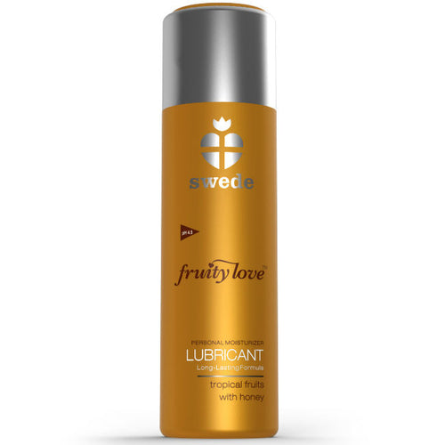 Lubrifiant Swede Fruity Love miel fruits tropicaux base eau, flacon ambre dore vue de face, glisse soyeuse non collante compatible preservatifs et silicone.