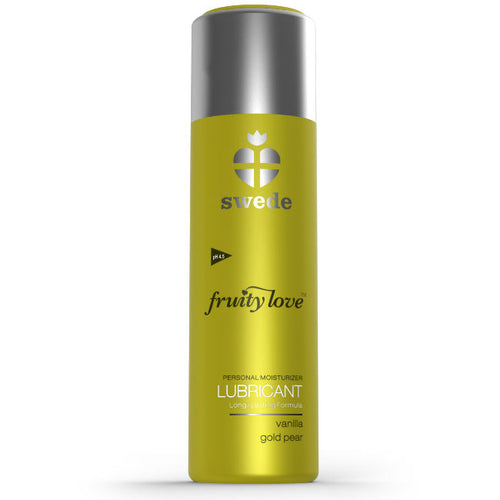 Lubrifiant gourmand Swede vanille poire base eau, bouteille vert anis seule de face, note douce raffinee facile a rincer compatible preservatifs latex.