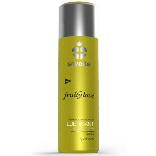 Lubrifiant Swede Fruity Love vanille poire base eau, flacon vert anis vue de face, glisse soyeuse non collante compatible preservatifs et sextoys silicone.