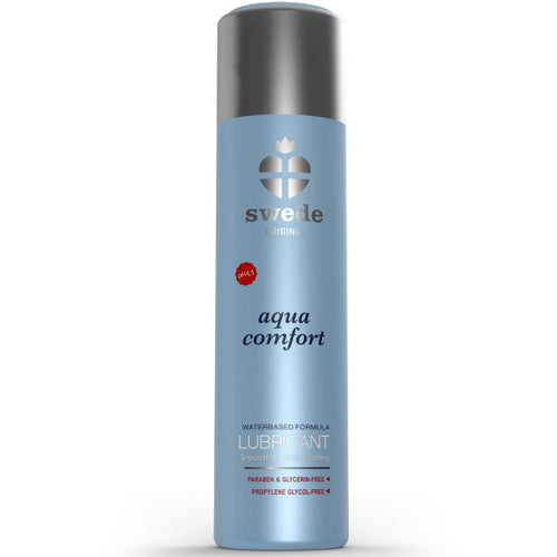 Lubrifiant Swede Aqua Comfort base eau, bouteille bleue seule de face, formule sans glycerine compatible preservatifs latex et tous les sextoys.