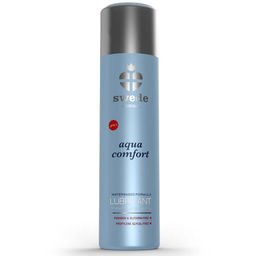 Lubrifiant Swede Aqua Comfort base eau, flacon bleu vue de face, formule sans glycerine paraben ni propylene glycol, glisse soyeuse durable.