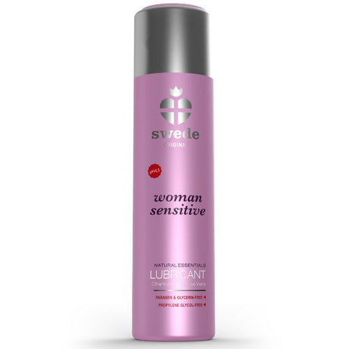Lubrifiant Swede Woman Sensitive base eau, bouteille rose mauve seule de face, glisse douce apaisante pour peau sensible compatible preservatifs latex.