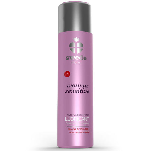 Lubrifiant Swede Woman Sensitive base eau peau sensible, flacon rose mauve vue de face, enrichi aloe vera et lin, sans glycerine ni paraben.