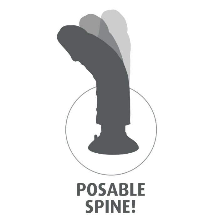 Illustration Posable Spine du gode King Cock, silhouette grise en degrade montrant l'amplitude de courbure de la tige pliable interne, sans aucun rendu realiste.