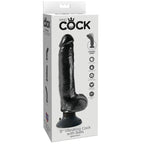 Boite King Cock 9 Vibrating Cock with Balls version noire, packaging du grand gode realiste a testicules detaillant la ventouse puissante et l'ame interne pliable.