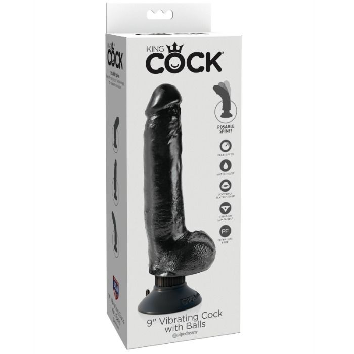 Boite King Cock 9 Vibrating Cock with Balls version noire, packaging du grand gode realiste a testicules detaillant la ventouse puissante et l'ame interne pliable.