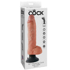 Boite King Cock 10 Vibrating Cock with Balls, packaging du tres grand gode realiste a testicules teinte peau detaillant la ventouse puissante et l'ame interne pliable.