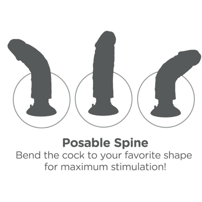 Schema Posable Spine du King Cock 10, trois silhouettes grises de gode sur ventouse illustrant la courbure ajustable de l'ame interne pliable pour une stimulation ciblee.