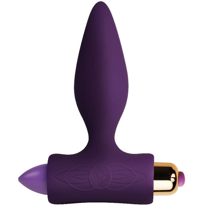 Plug anal vibrant en silicone lila à corps conique lisse sur base ergonomique en T, capsule vibrante dorée et embout violet, format compact pour débutants.