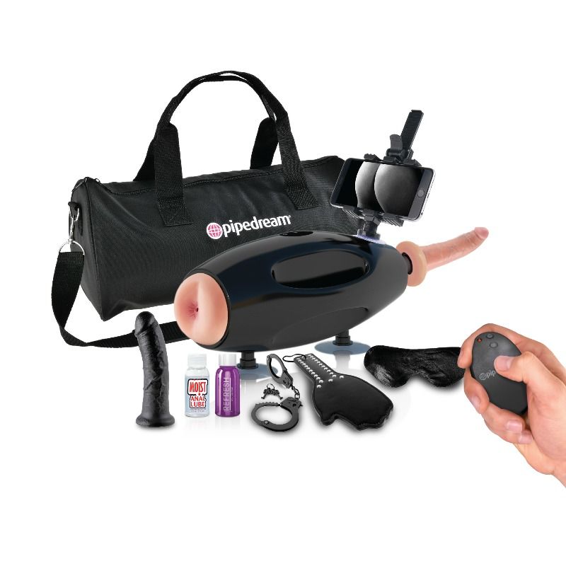Kit complet Extreme Sex Machine avec sac de transport, machine à va-et-vient, godes réalistes, menottes et lubrifiant, panoplie portable pour le jeu en solo ou à deux.
