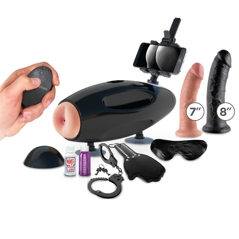Présentation du kit machine sexe avec télécommande, accessoires et deux godes réalistes de 7 et 8 pouces, ensemble portable à va-et-vient motorisé pour couples.