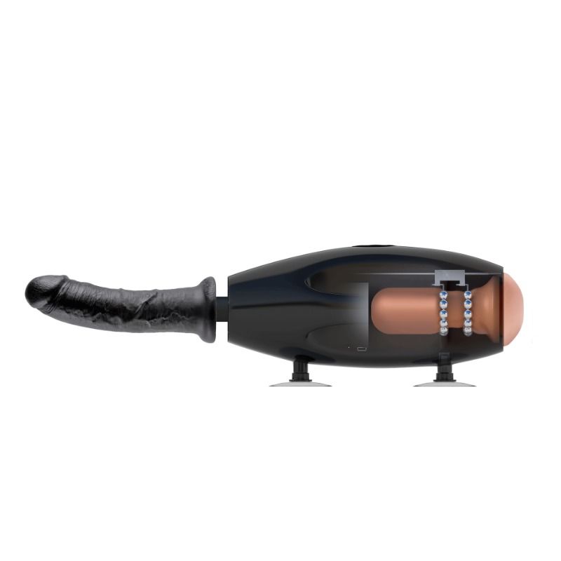 Machine sexe portable noire sur ventouses équipée d'un gode réaliste veiné foncé, vue latérale mettant en avant le mécanisme de va-et-vient motorisé.