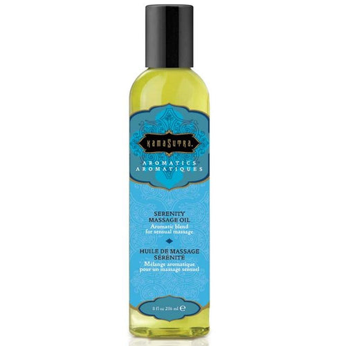 Flacon bleu Kamasutra Aromatics huile de massage Serenity Serenite, vue de face, melange aromatique marjolaine, geranium et lavande vegan sans sucre pour un massage apaisant.