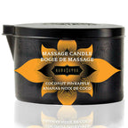 Boite ronde noire de la bougie de massage Kamasutra Coconut Pineapple, vue de face avec motif dore, 170 g de cire fondante en huile tiede pour un massage sensuel.