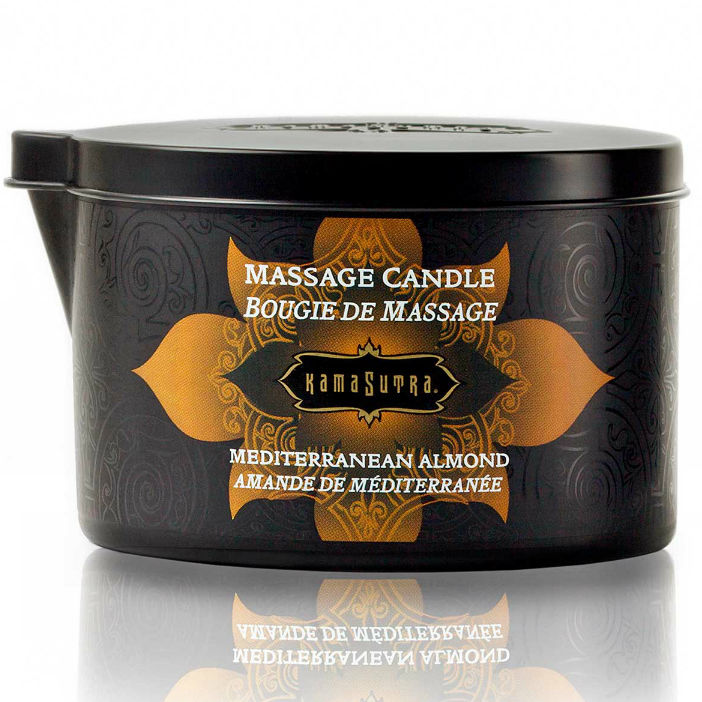 Boite ronde noire de la bougie de massage Kamasutra Mediterranean Almond, motif dore vu de face, 170 g de cire fondante en huile tiede pour masser la peau.