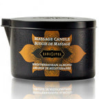 Boite ronde noire de la bougie de massage Kamasutra Mediterranean Almond, motif dore vu de face, 170 g de cire fondante en huile tiede pour masser la peau.