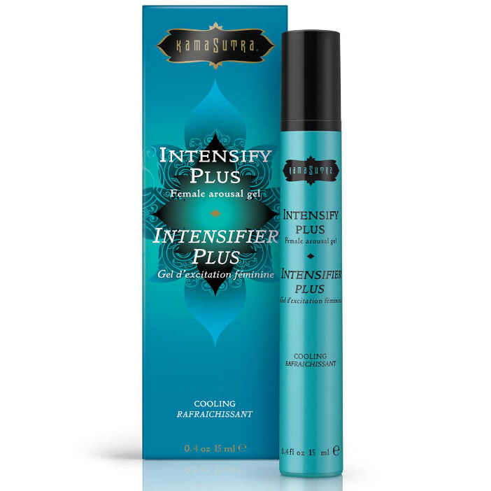 Boite bleue Kamasutra Intensify Plus effet froid et son flacon, gel intensifiant rafraichissant pour femme 15 ml base eau a appliquer autour du clitoris, compatible latex.