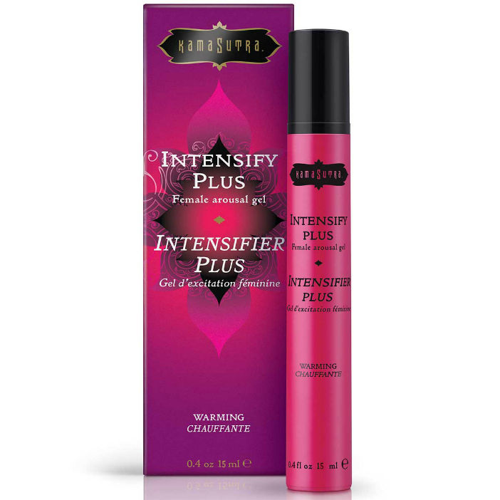 Boite fuchsia Kamasutra Intensify Plus effet chaleur avec son flacon, gel intensifiant chauffant pour femme base eau a appliquer autour du clitoris, se rince facilement.