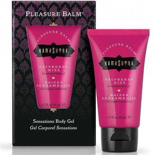 Boite et tube rose Kamasutra Pleasure Balm Raspberry Kiss, baume de plaisir gourmand framboise effet frais et picotant a deguster pour explorer le corps de l'autre.