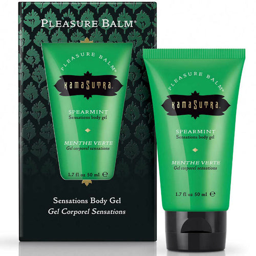 Boite et tube vert Kamasutra Pleasure Balm Spearmint, baume de plaisir gourmand menthe effet frais et picotant a deguster pour des caresses et jeux de couple.