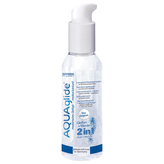 Flacon pompe AQUAglide 2 en 1 lubrifiant et gel de massage base eau 125 ml Joydivision, design bleu et blanc, formule polyvalente pH optimise compatible preservatifs latex