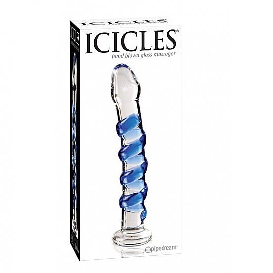 Boite Icicles montrant le masseur en verre souffle a spirale bleue, objet non poreux pensé pour les jeux de chaud et de froid.