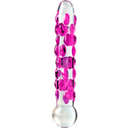 Sextoy en verre souffle a la main au relief torsade rose vif et base bulbeuse, surface lisse non poreuse pour sensations et jeu thermique.