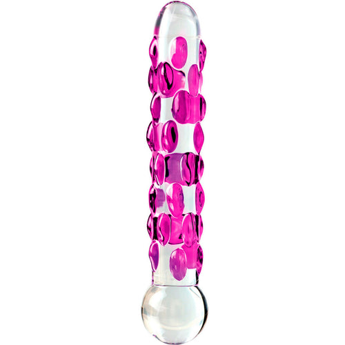 Sextoy en verre souffle a la main au relief torsade rose vif et base bulbeuse, surface lisse non poreuse pour sensations et jeu thermique.