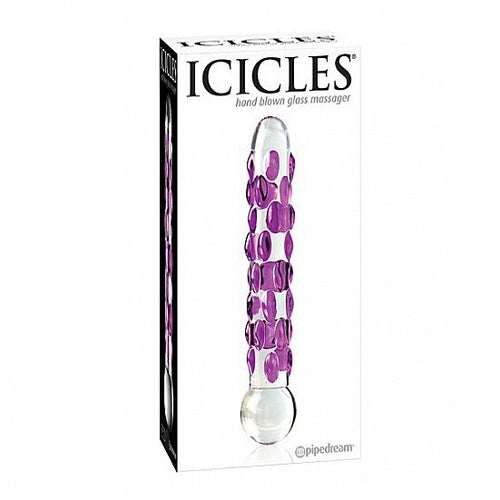 Boite Icicles du sextoy en verre souffle a relief perle rose, objet artisanal non poreux pour jeu de temperature chaud-froid.