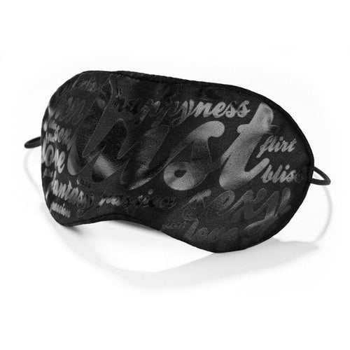 Masque satin noir imprimé des mots lust et happiness, bandeau de privation visuelle du coffret Instruments de Plaisir Bijoux Indiscrets pour jeux sensuels à deux.