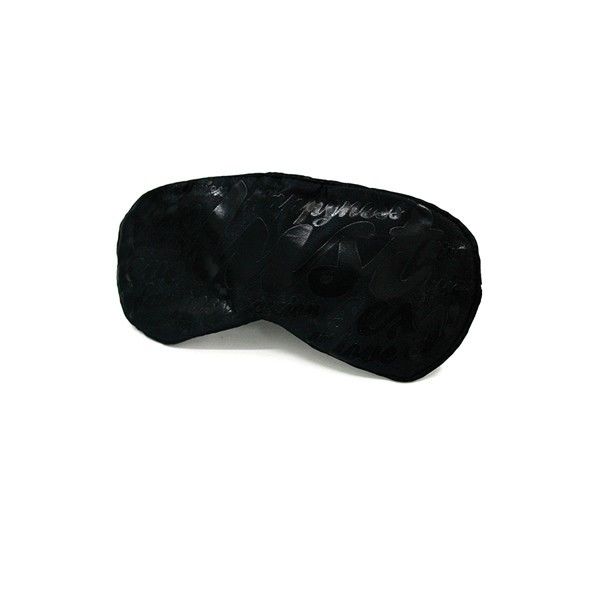 Masque satin noir imprimé du coffret Instruments de Plaisir posé à plat, bandeau de privation visuelle doux Bijoux Indiscrets pour les jeux sensoriels en couple.
