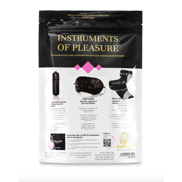Verso du sachet Instruments of Pleasure Bijoux Indiscrets detaillant la balle vibrante, le masque satin et le ruban, coffret d'initiation a la domination douce.