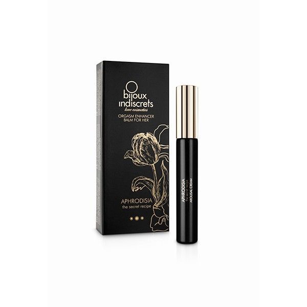 Coffret Aphrodisia Bijoux Indiscrets : etui noir illustre d'une fleur doree et son flacon de baume clitoridien intensifiant a capuchon dore, soin du desir feminin.