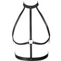 Harnais de corps femme vegan Bijoux Indiscrets en sangles noires reglables avec anneau central, presente a plat, accessoire BDSM chic a porter sur la lingerie.