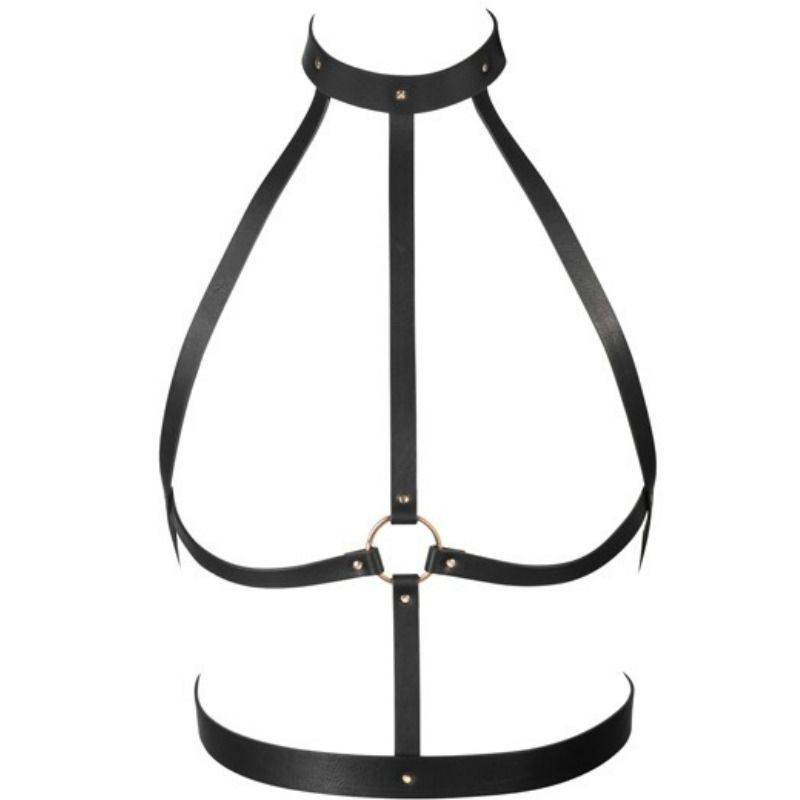 Harnais de corps femme vegan Bijoux Indiscrets en sangles noires reglables avec anneau central, presente a plat, accessoire BDSM chic a porter sur la lingerie.