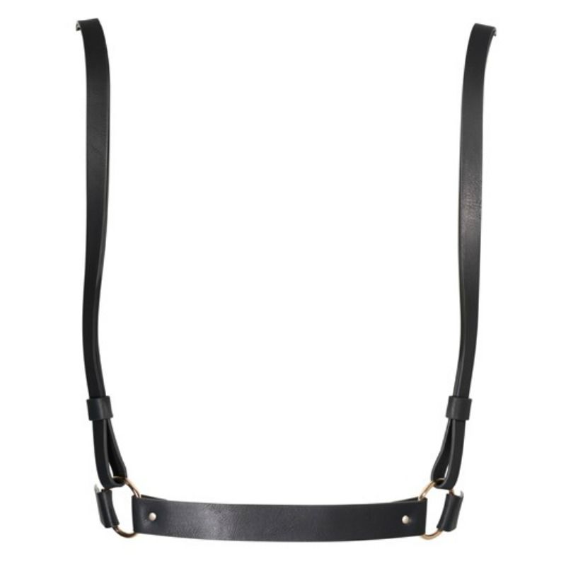 Harnais de corps femme vegan Bijoux Indiscrets en sangles noires a bretelles modulables et boucles, presente a plat, accessoire BDSM reglable a la taille et aux epaules.