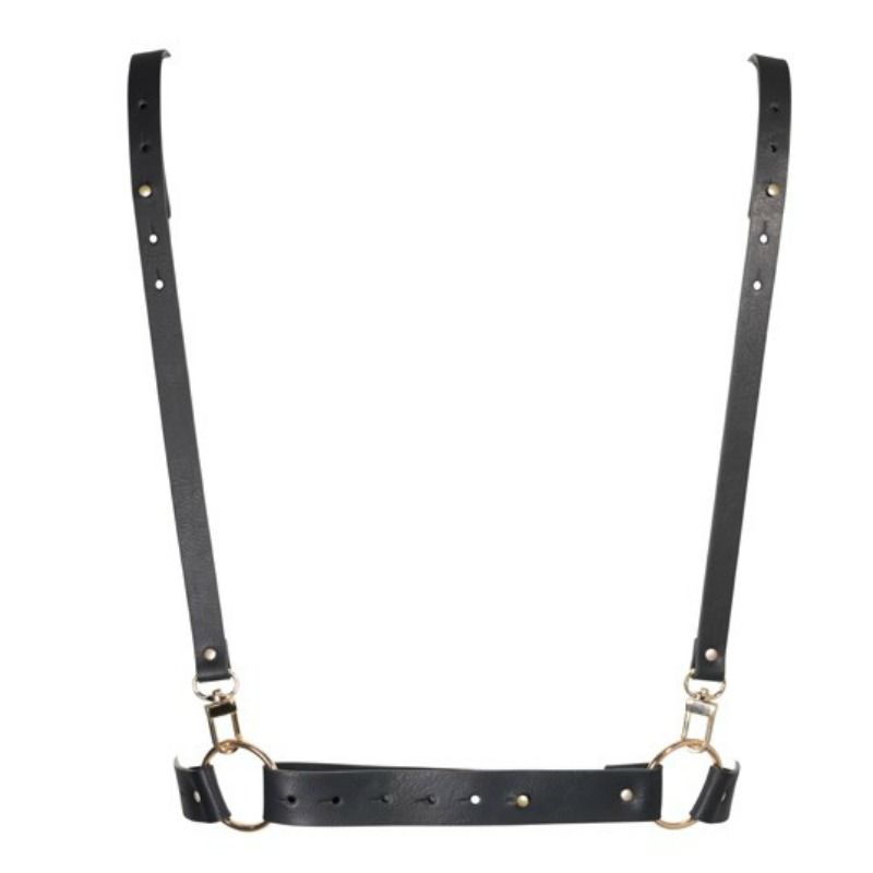 Harnais de corps femme vegan Bijoux Indiscrets en sangles noires reglables avec bretelles et mousquetons dores, vue a plat, accessoire bondage chic modulable.